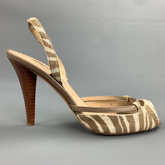 OSCAR DE LA RENTA 8.5 Off White & Taupe Zebra Tiger Pony Hair Sling Back Pumps - Picture 1 of 1